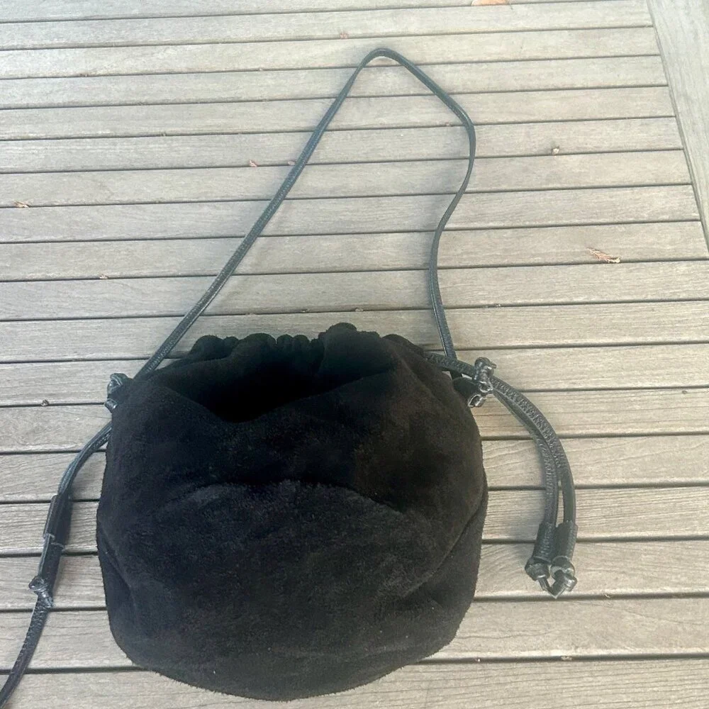 Black Suede Leather Drawstring Italian Made Hobo Bag